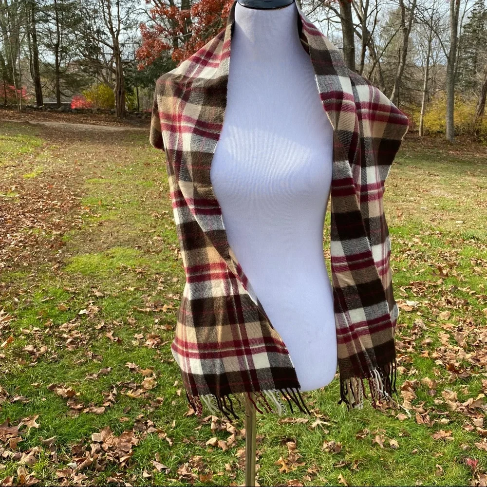 SCARF SCOTLAND CASHMERE BROWN RED TAN CREAM PLAID FRINGE LONG RECTANGLE - Picture 4 of 9